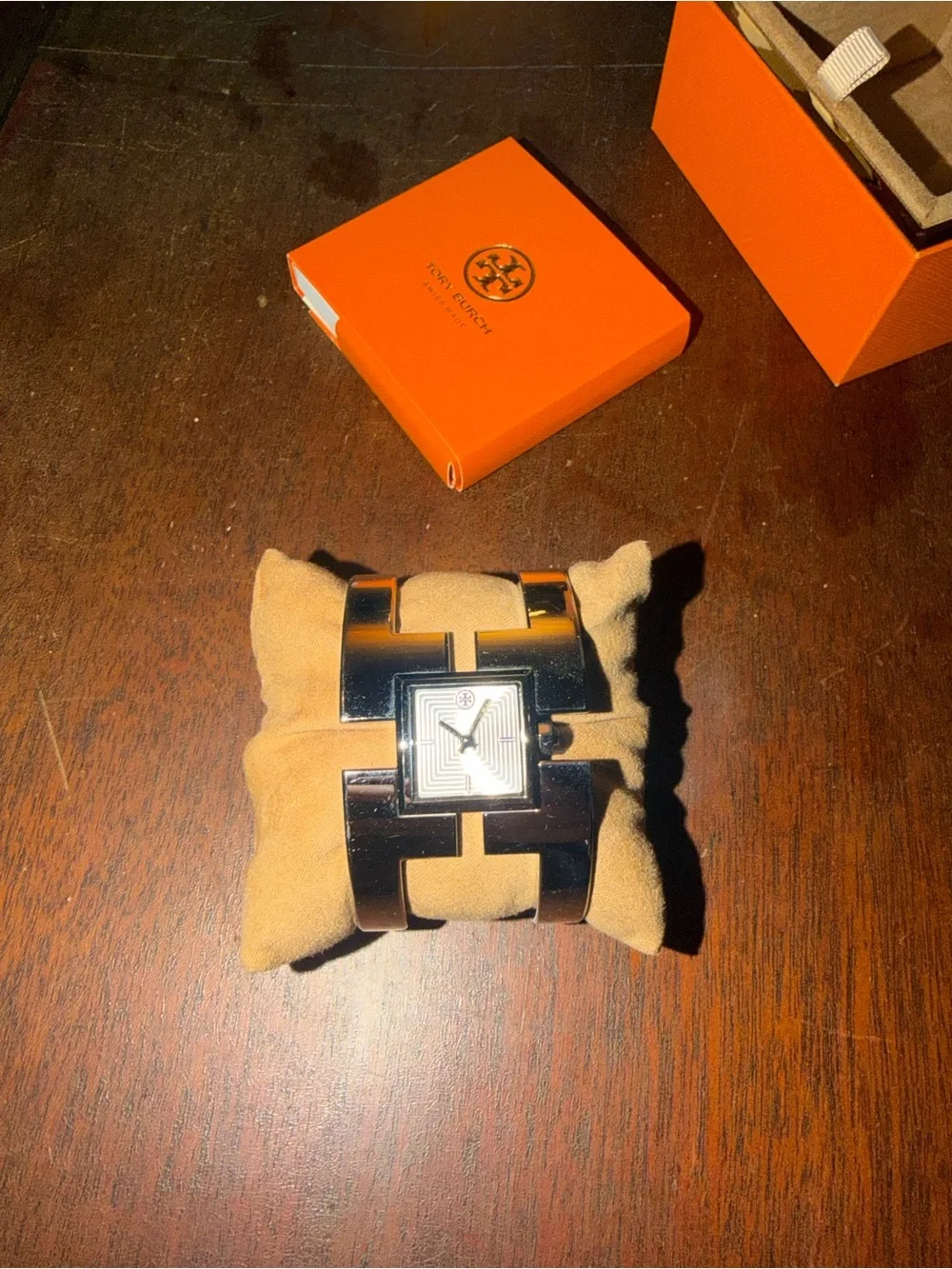 Tory Burch Square-Link Silver and Brown Bracelet Watch